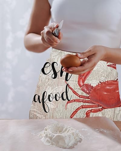 Miniatura 2 de Delantal vintage de camarera de mariscos para mujereshombres con 3 bolsillos, cangrejo rojo retro blanco ilustración flor servidor delantal