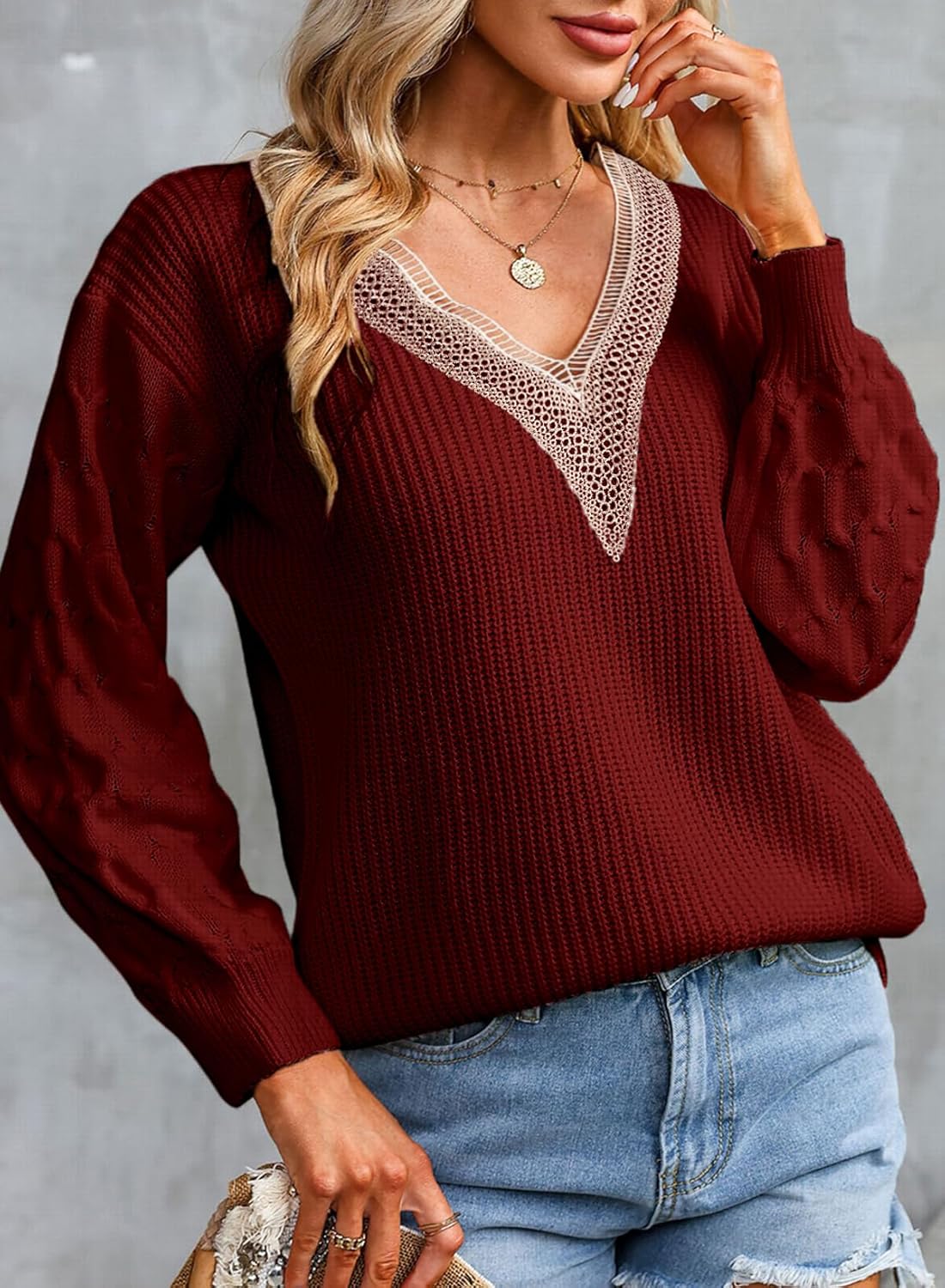 EVALESS Womens Long Sleeve Sweaters Fall 2024 Trendy Sexy Lace V Neck Knit Drop Shoulder Pullover Sweater Jumper Tops - Image 3