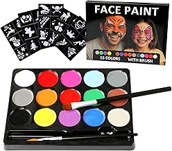Kit de maquillage pour enfants – 15 couleurs de peinture pour le visage et le corps avec 30 pochoirs et 2 pinceaux – Palette de maquillage douce pour la peau pour enfants et adultes pour le carnaval