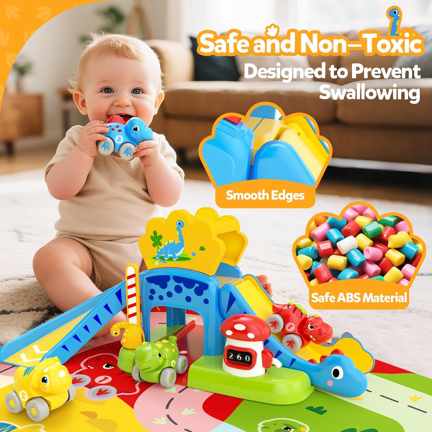 Toddler Toys for 1 Year Old Boy Gifts - Educational Dinosaur Slide Set with 4 Color/Number Push Cars and Playmat, Montessori Learning Toy for Baby 12-18 Months, 1st Birthday Present Ages 1-1.5, Yellow - Image 4
