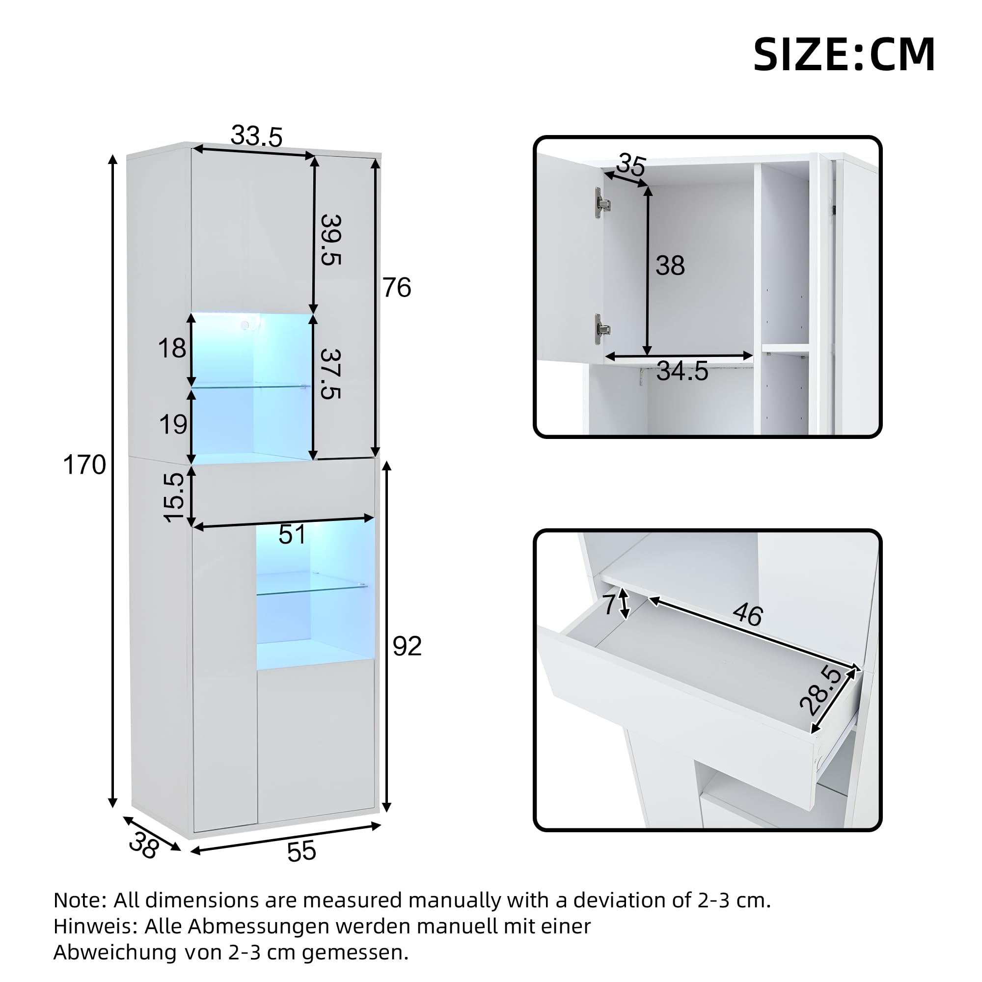 Armadio Alto Vetrina in Vetro, 55 x 38 x 170 cm, 1 Cassetto e 4 Armadi, Vetrine con Illuminazione LED, Design Lucido, per Soggiorno, Bianco