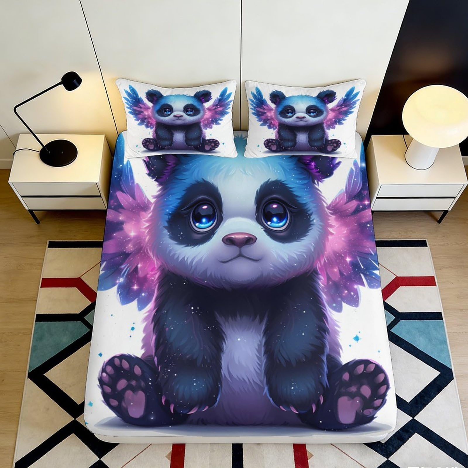 3D Printed Fantasy Panda Fitted Sheet Microfiber Soft Bedroom Decor Galaxy Wings Mattress Cover for Home Dorm 180x200x25cm