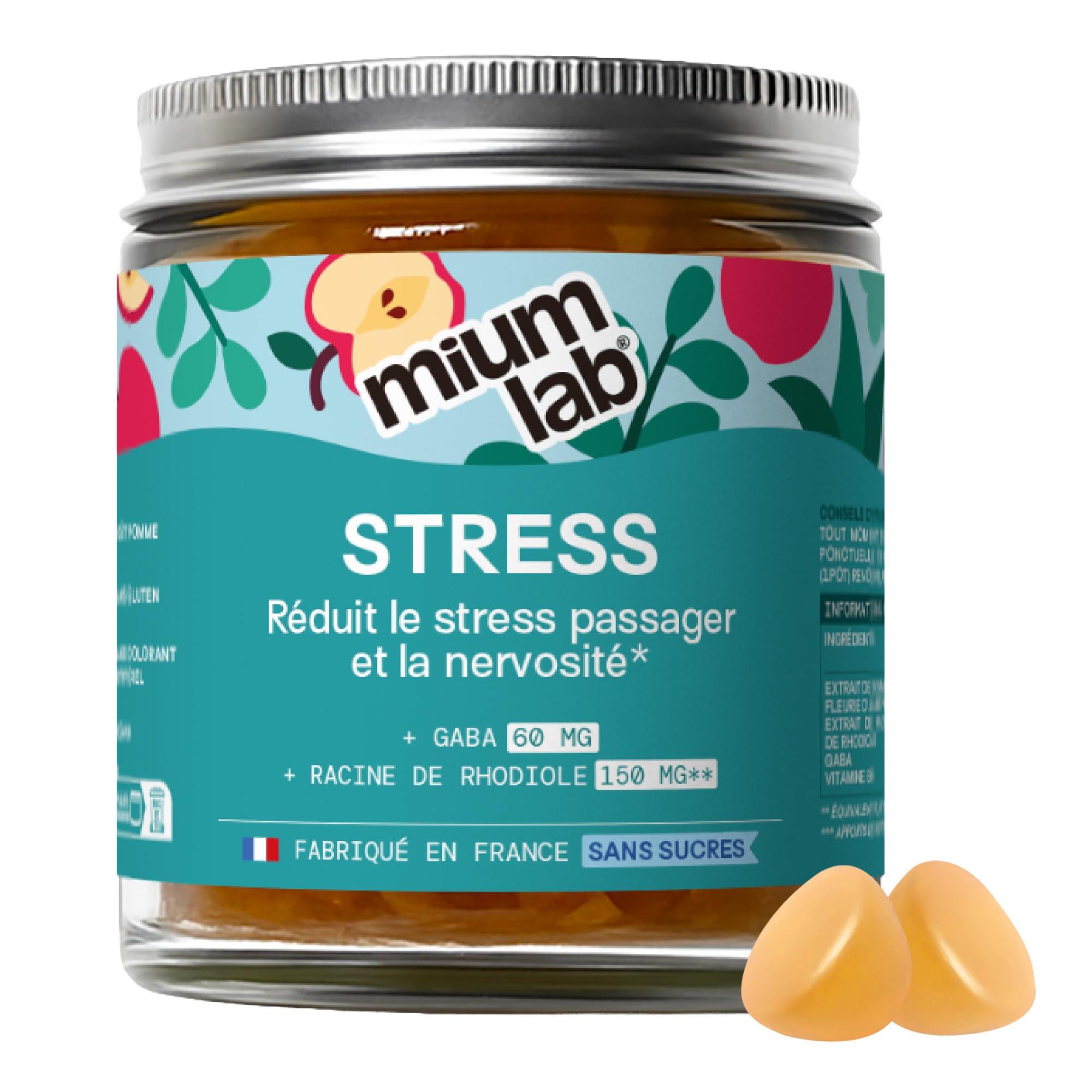 Mium Lab - Anti-Stress, Réduit la Fatigue Physique et Mentale - Équilibre nerveux - GABA + Plantes Adaptogènes (Aubépine & Rhodiola) + Vitamine B6 - Goût Pomme - Cure 21 jours - Fabriqué en France