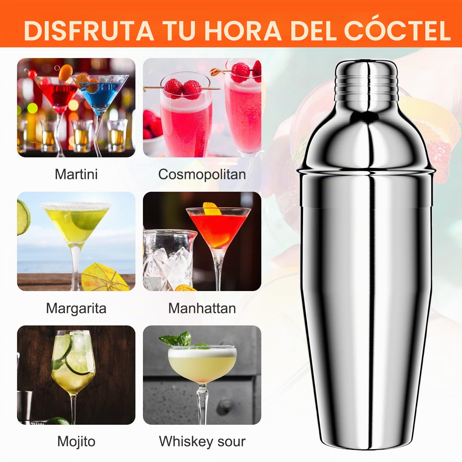 Newaner 750ML Coctelera, 8 piezas juego de Coctéles de acero inoxidable, profesional barman herramientas con colador, medidor, cuchara, vertedor, para mezclar bebidas, hogar, barra, fiestas (plata)