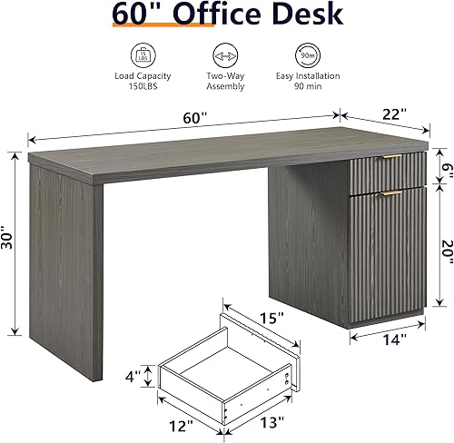 Miniatura 2 de JXQTLINGMU Escritorio ejecutivo moderno de 60 pulgadas con almacenamiento, escritorio de madera para oficina en casa con cajón y gabinete,
