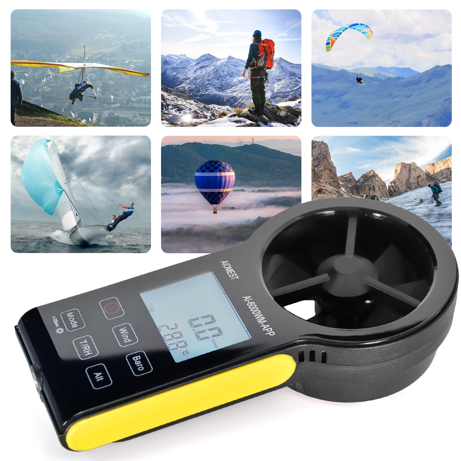 AIOMEST 6000WM-APP Anemometro Digitale Palmare Anemometro Vento CFM Misuratore di Velocità del Vento con MAX/MIN/AVG per Tester Velocità Vento Temperatura Temperatura Vento Chill, HVAC