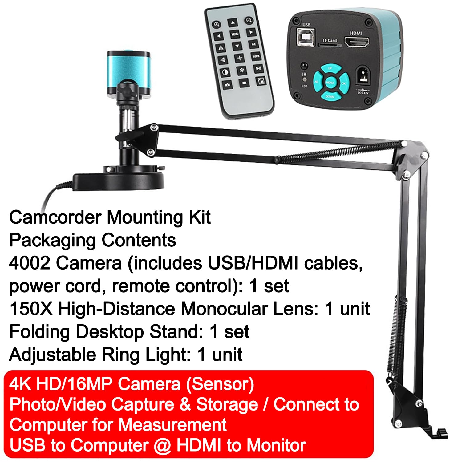 Microscopio De Soldadura 150X, Microscopio Digital Con Luz LED Anular Y Mando a Distancia, Cámara 4K 16MP Ultra HD, Compatible Con Grabación De Vídeo, Para Mantenimiento Industrial Y Tasación De Joyas