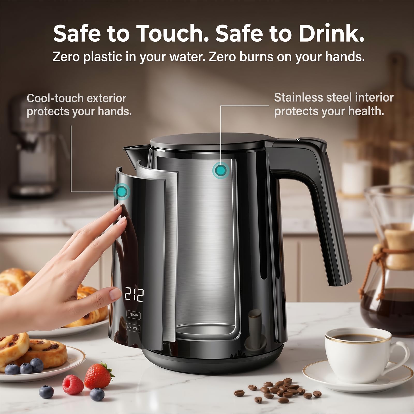 Electric Kettle 1.0L, 1200W Fast Boiling, 7 Temp Settings & 4H Keep Warm