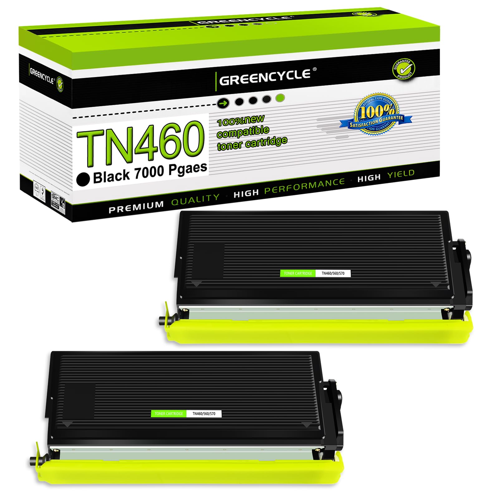 greencycle2 Pack Black TN460 Toner Cartridge Compatible for Brother TN-460 TN570 TN560 Work with Intellifax 4100e 4750e HL-1240 DCP-1200 MFC-1260 MFC-2500 Printer