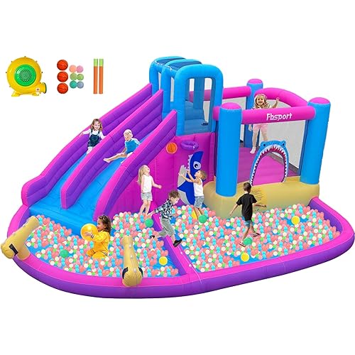 FBSPORT Inflatable Bounce House,Water Slide Park Bouncer Castle with 2 Slide & Double Cannon, Climbing Wall, Kids Bouncy Castle with 550W Air Blower for Backyard, Outdoor, Indoor
