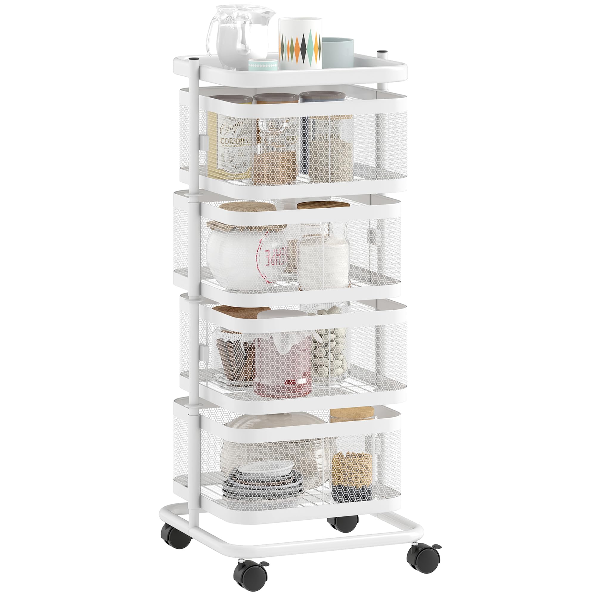 HOMCOM Resserre 4 paniers rotatifs sur Roues, Chariot de Rangement de Cuisine, Panier à légumes et Fruits avec Plateau supérieur, étagère en Fil d'acier, pour Cuisine, Salon et Chambre, Blanc