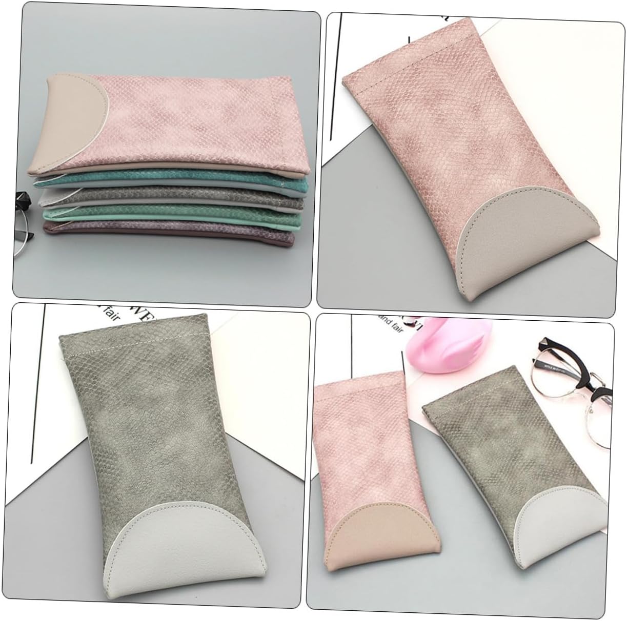 2pcs Leather Eyeglass Case Soft Eyeglass Pouch Automatic Closure Portable Sunglasses Holder for Travel Men and Women Gray Pink image 3
