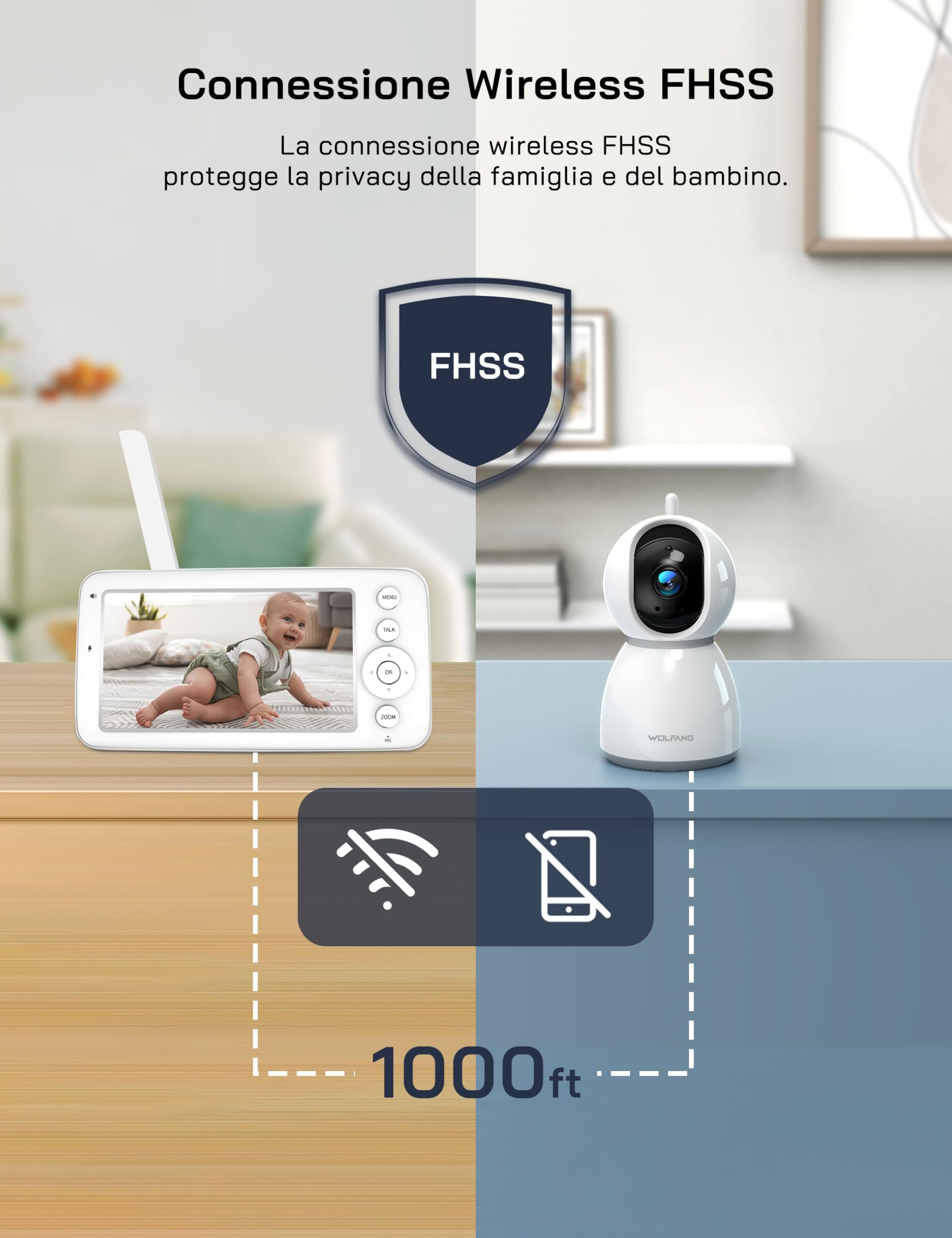 WOLFANG Baby Monitor Video e Audio, 5 pollici 720P Schermo, 360° 1080P Telecamera con Visione Notturna e Zoom, Conversazione Bidirezionale, Temperatura, Rilevamento del Pianto, Portata di 1000 Piedi