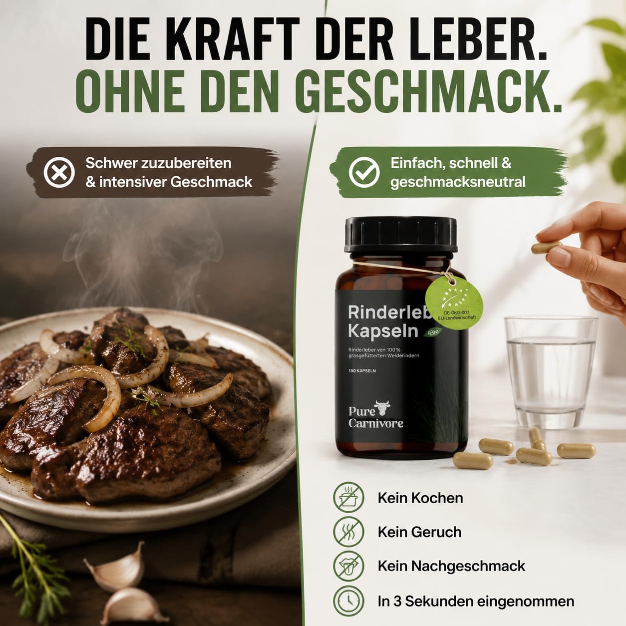 Bio Rinderleber Kapseln 180 Stück | 30-Tage-Packung | Weiderinder | Natürliches Vitamin A, B12, Eisen, B2, B3, B5, Folsäure, Kupfer | Für Keto- & Paleo-Ernährung