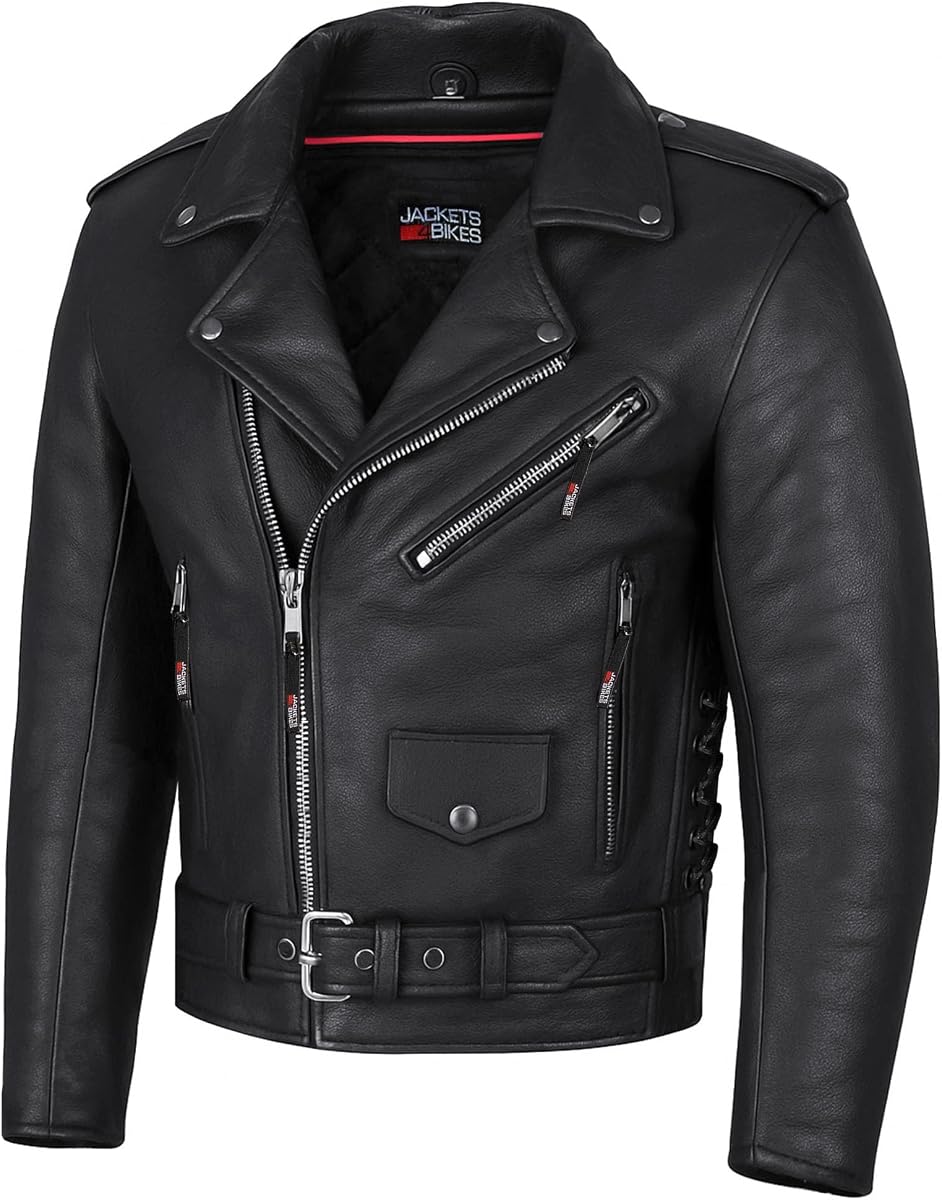 ICONIC Motorcycle Jacket for Men, Premium Buffalo Leather, Insulated Liner, Classic Side Laces, Cruiser Biker Black L