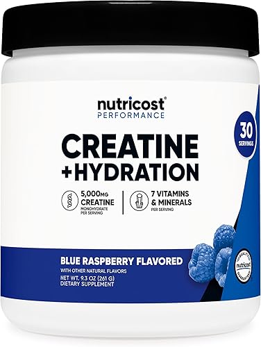 Nutricost Monohidrato de creatina + hidratación con sabor a frambuesa azul (30 porciones)  7 vitaminas y minerales, 5000 mg de creatina por porción