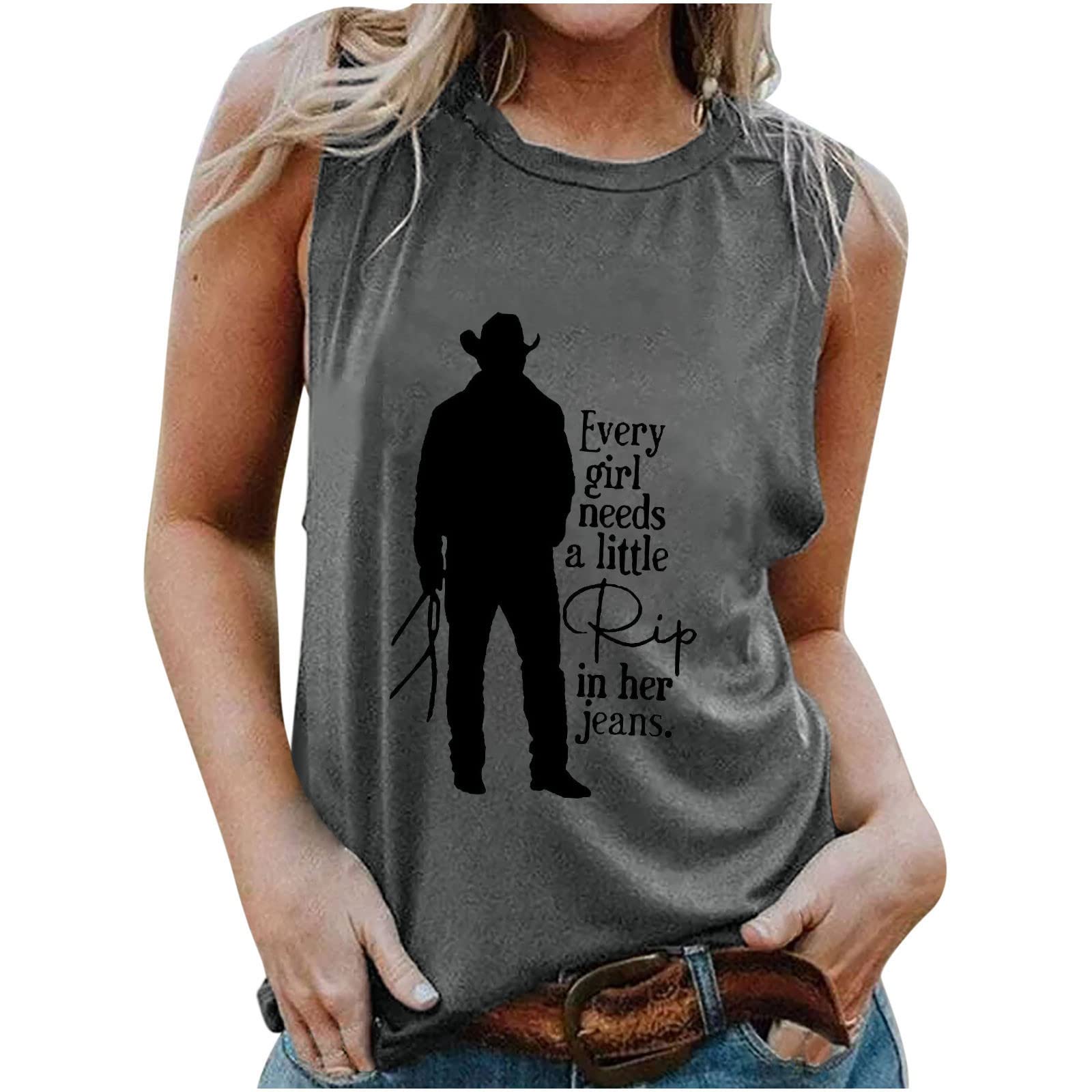 RKaixuni Every Girl Needs a Little Rip in Her Jeans Graphic Tee Shirts Women's Summer Sleeveless Tank Tops Sexy Casual Tunics Dark Gray