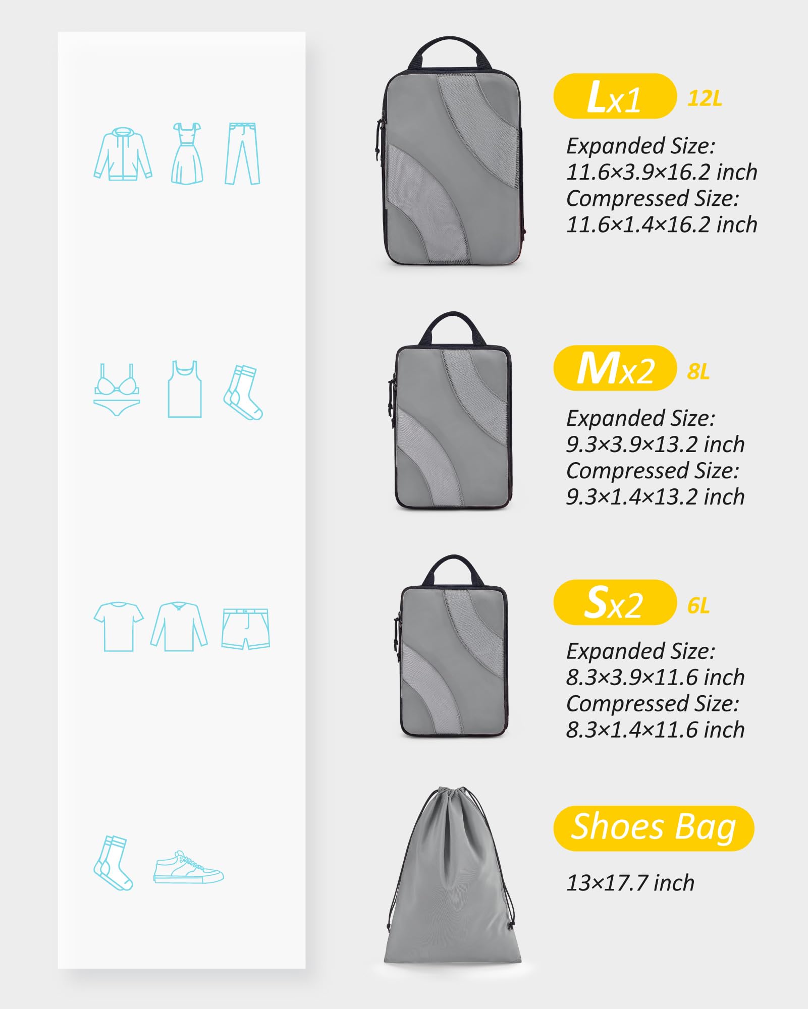 Cubo de embalaje de compresión para viajes, BAGSMART 6 Set de cubos de embalaje de viaje para maleta, bolsa organizadora de maleta de compresión, 05-gris, 6 unidades