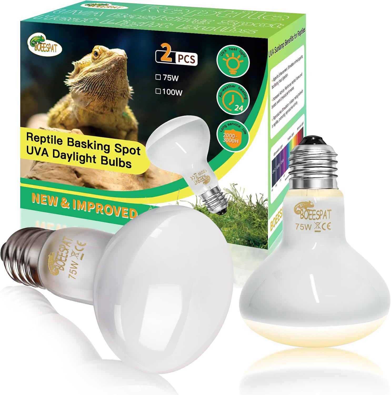 Pack of 2 Reptile Basking Light Bulbs – Incandescent 75W Simulated Sunlight UVA Heat Bulbs for Bearded Dragons, Geckos, Iguanas, Lizards, Amphibians & Small Pets