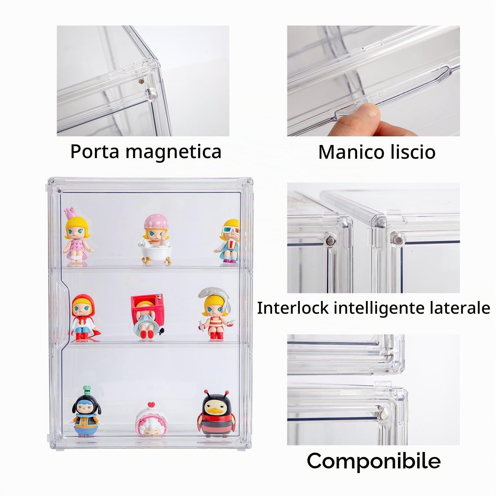 BOHOIDEE Vetrina trasparente a 3 livelli per figure, scatola organizer in acrilico con porta magnetica, vetrina antipolvere a parete per action figure da collezione
