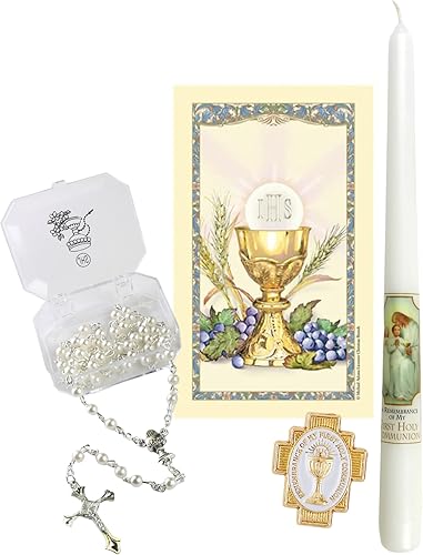 Juego de regalo de primera comunión con vela, rosario blanco, pasador de solapa y tarjeta de oración, ideas de regalo católico para niñas, paquete