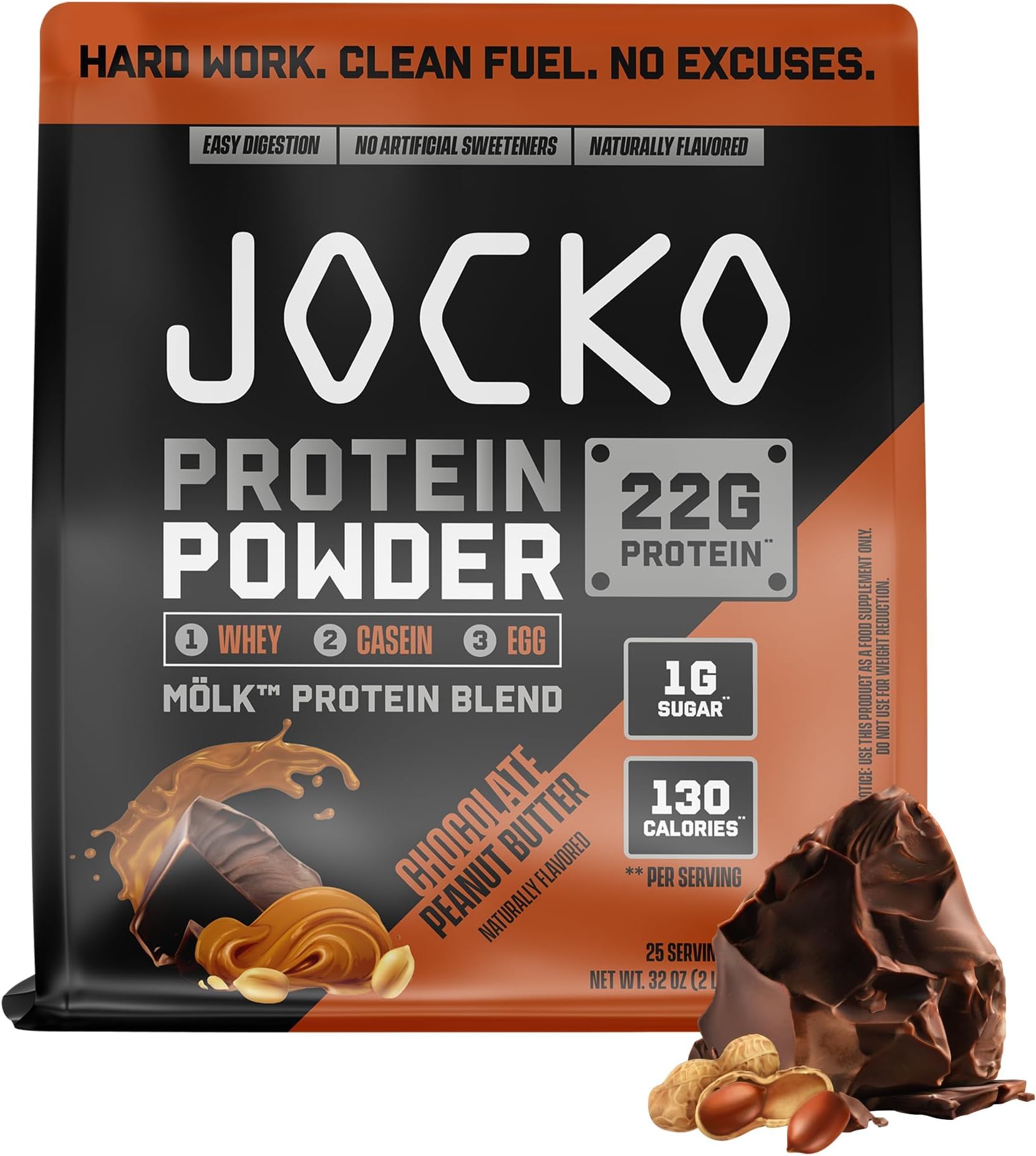Jocko Fuel Whey Protein Powder, Chocolate Peanut Butter, 22g Protein, Digestive Enzymes + Probiotic Blend, No Sugar Added, with Essential Amino Acids + Electrolyte Minerals, 25 Servings