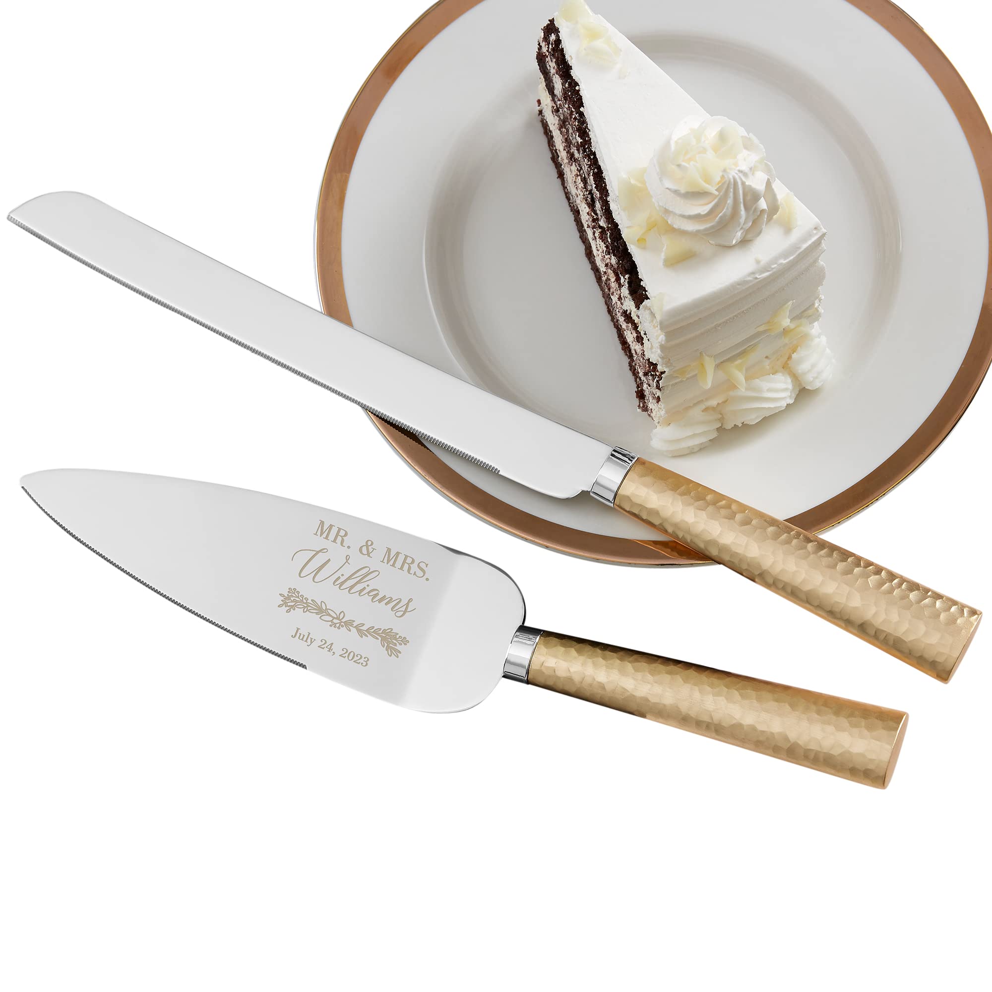 Personalization Universe Engraved Laurels of Love Gold Hammered Wedding Personalized Cake Knife & Server Set - Cake Cutting and Serving Set, Bridal Shower Gift