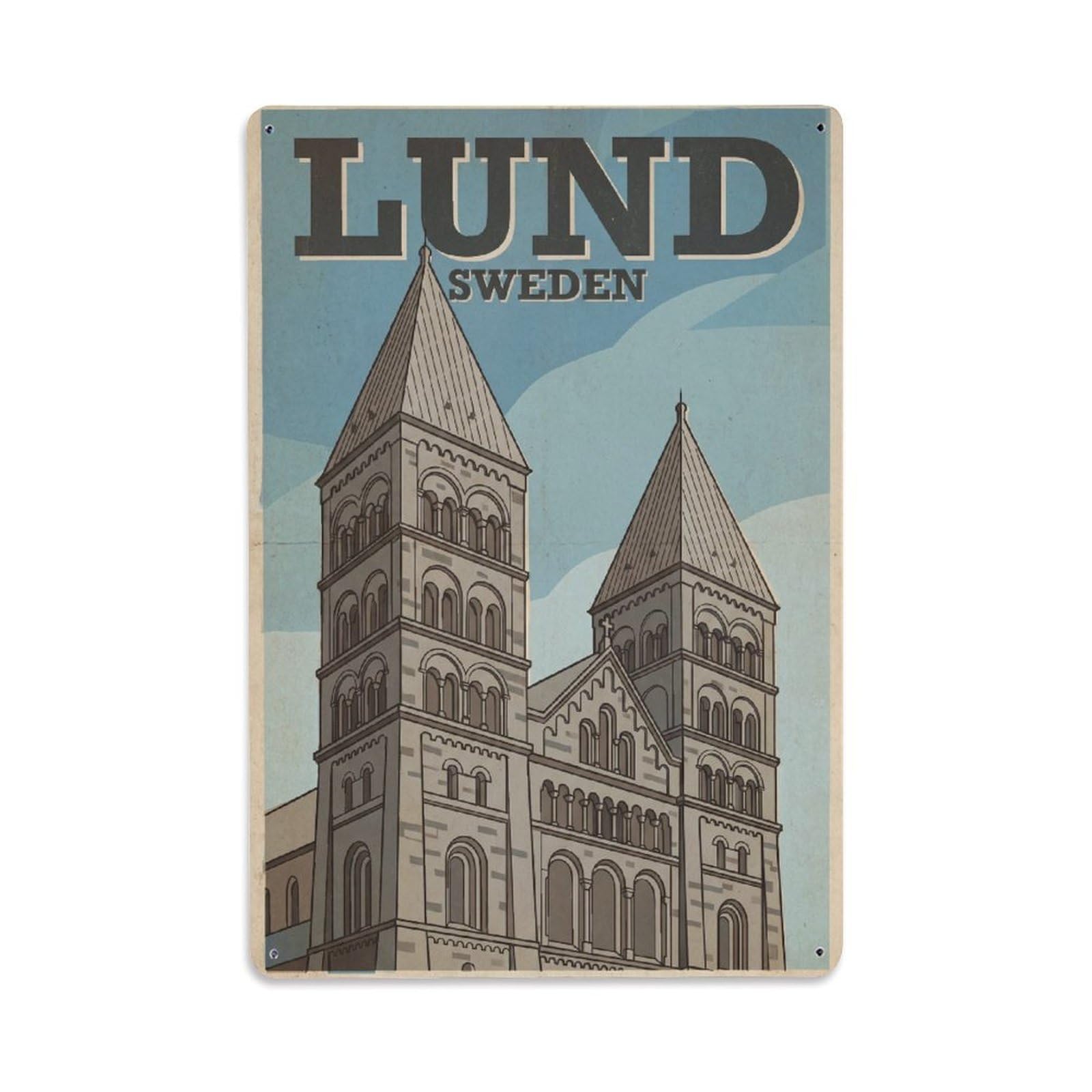 Travel Sweden Lund Retro Metal Tin Sign Plaque Wall Decor for Cafe, Club Bar, Office, Garden Metal Poster 8x12Inch