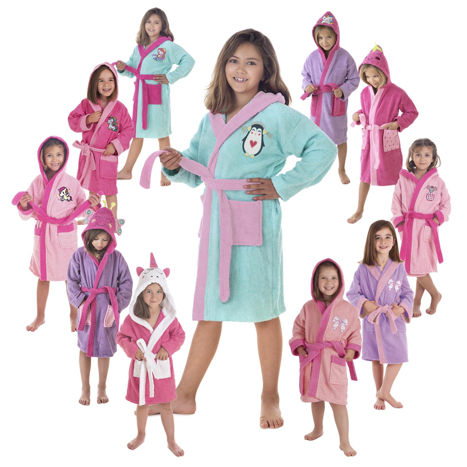 LEBENGOOD - Bademantel für Mädchen, Kinder - 100% Baumwolle OEKO-TEX® - 2 Taschen, Gürtel, Kapuze, Plüsch sehr weich mit Stickerei