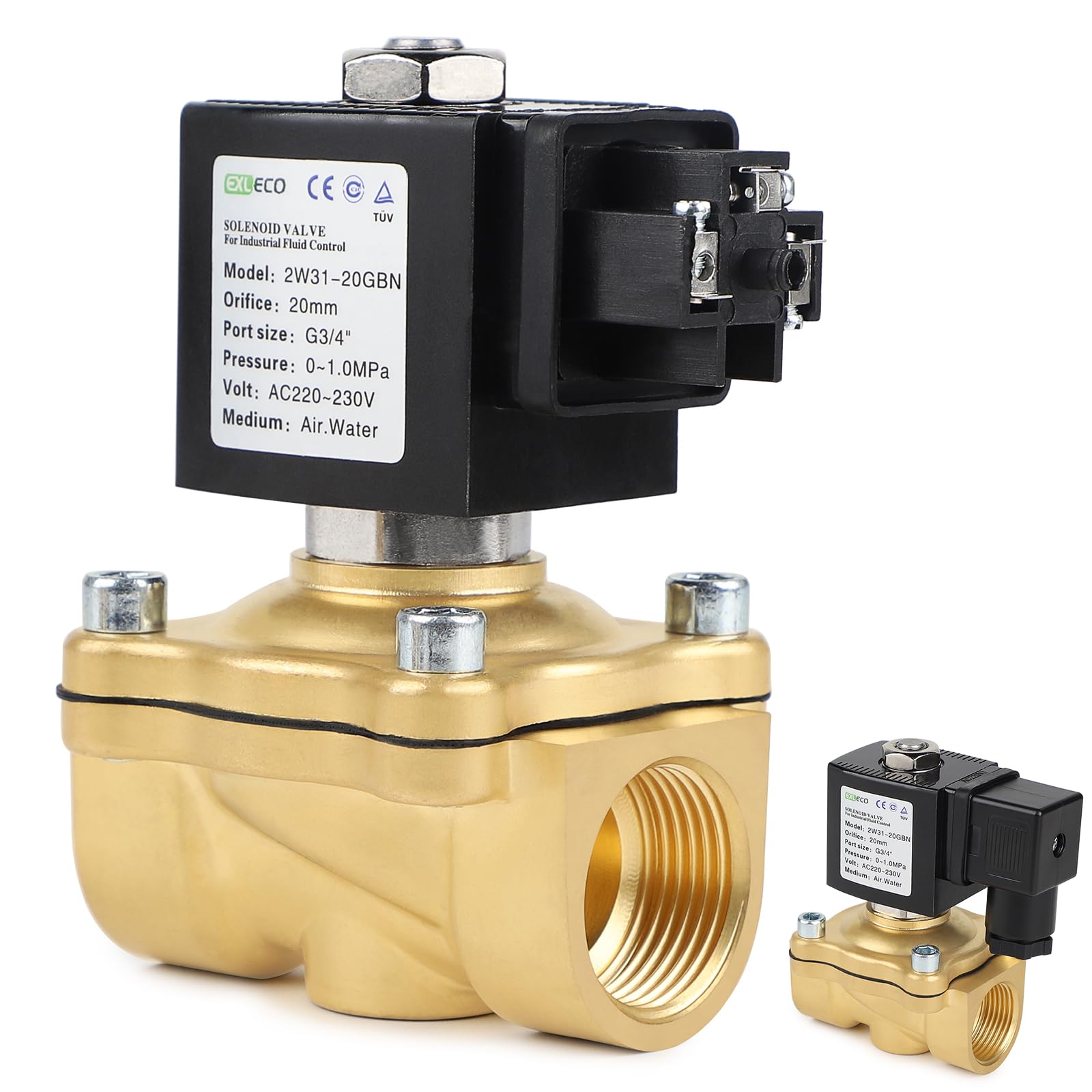 EXLECO Électrovanne 230 V CA en laiton G3/4" - Électrovanne électromagnétique en laiton - Électrovanne électrique magnétique DN20 0-10 bar - Vanne d'admission d'eau - Vanne de distribution d'eau NC