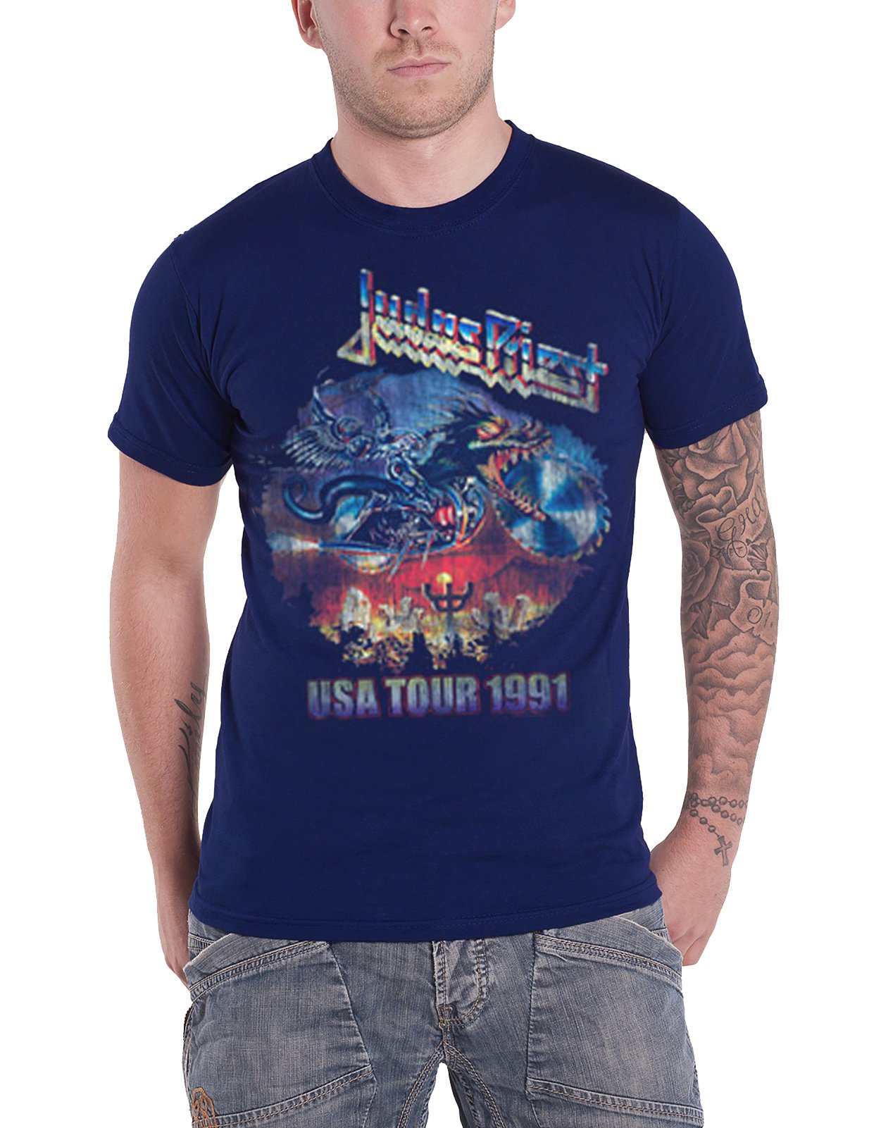 Rock Off Officially Licensed Products Men's Blue (Navy) Rockoff Trade Judas Priest Painkiller Us Tour 91 T - Shirt, Blue (Navy Navy), Large