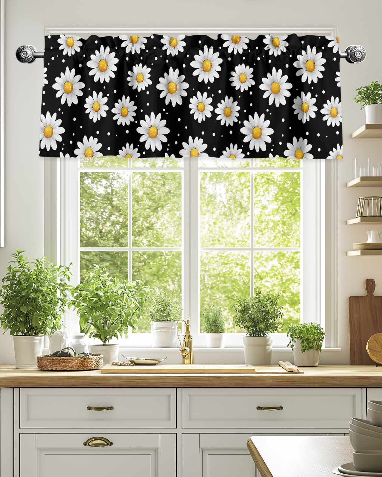 Ufiyudes Black White Daisy Valances for Windows Flowers Black Background Daisy Valance Rod Pocket Window Treatments Curtains for Kitchen Small Windows
