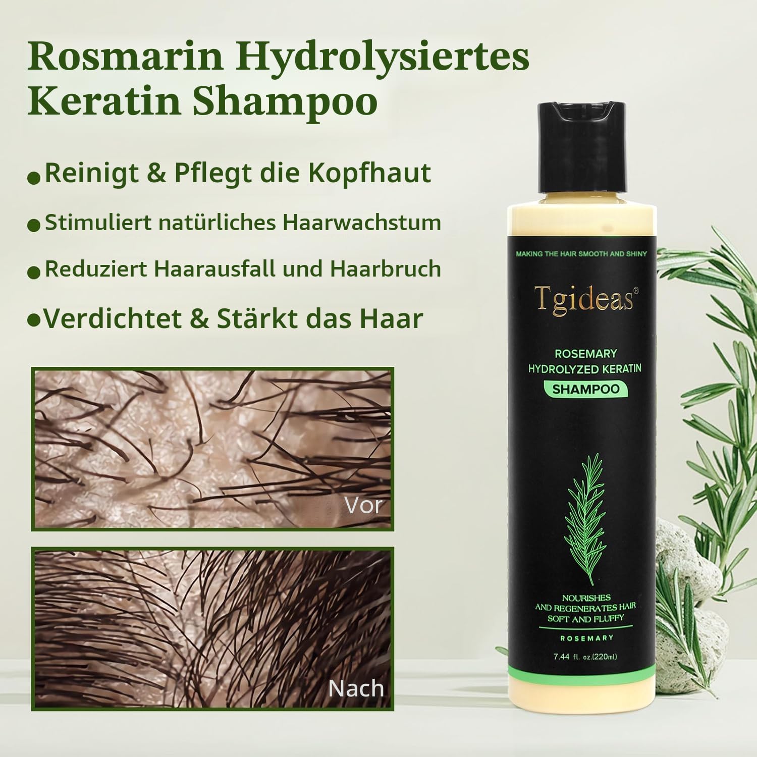 Bio-Shampoo für Haarwachstum, Rosmarin, für Frauen und Männer, natürliches Shampoo zur Stärkung und Verdickung mit hydrolysiertem Keratin für feines Haar und Haarausfall, 7,4 ml