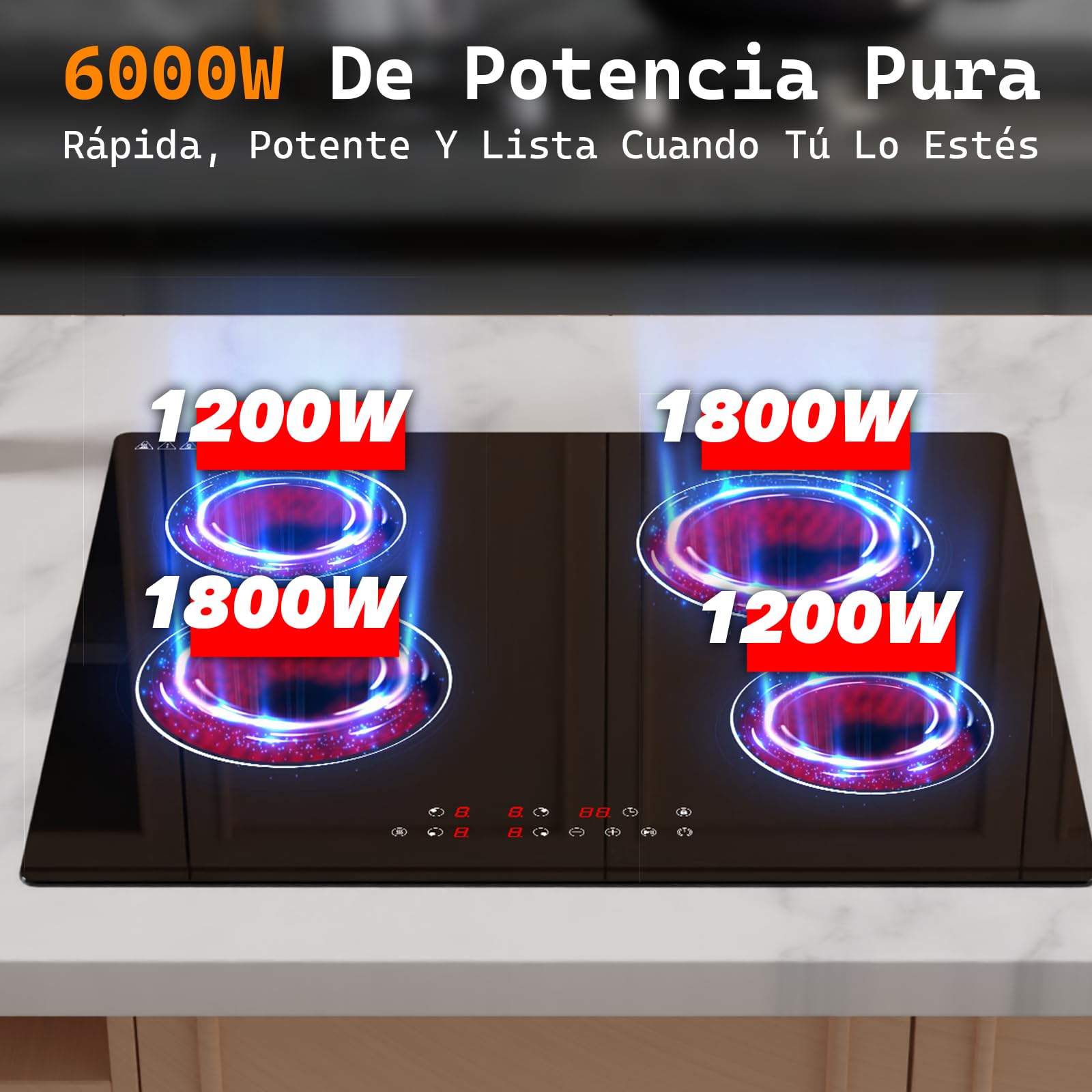 Placa Vitrocerámica Empotrable 60cm 4 Fuegos 6000W Táctil