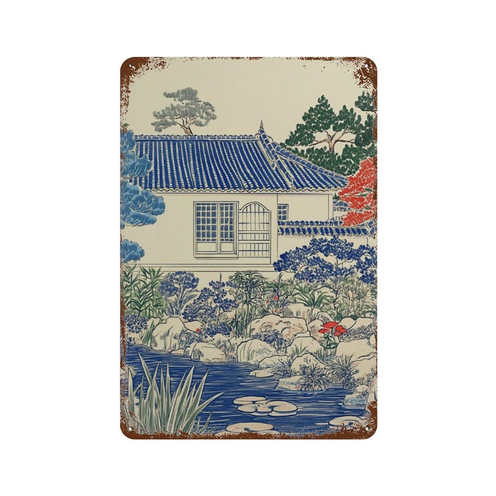 xiaoxiaoshen Japanese Garden House Asian Landscape Blue White Nature Zen Work Minimal Calm Wall Decor Art Metal Tin Poster Modern Home Decor Art Home Bar Shop Decorations Vintage Sign 30x20cm