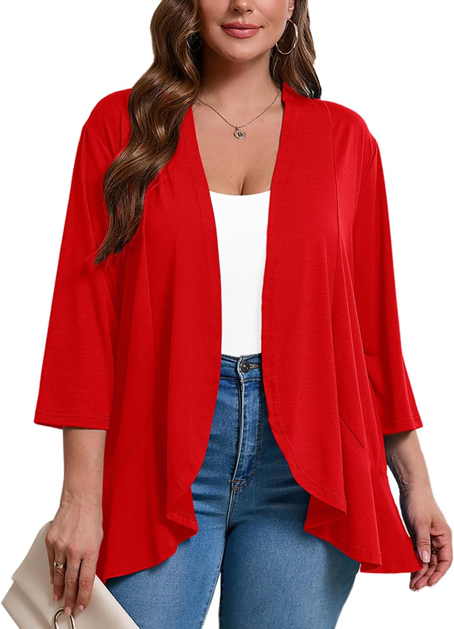 Women's Plus Size 3/4 Sleeves Lightweight Open Front Cardigan Draped Ruffles Shawls and Wraps Shrugs Kimono Jacket
