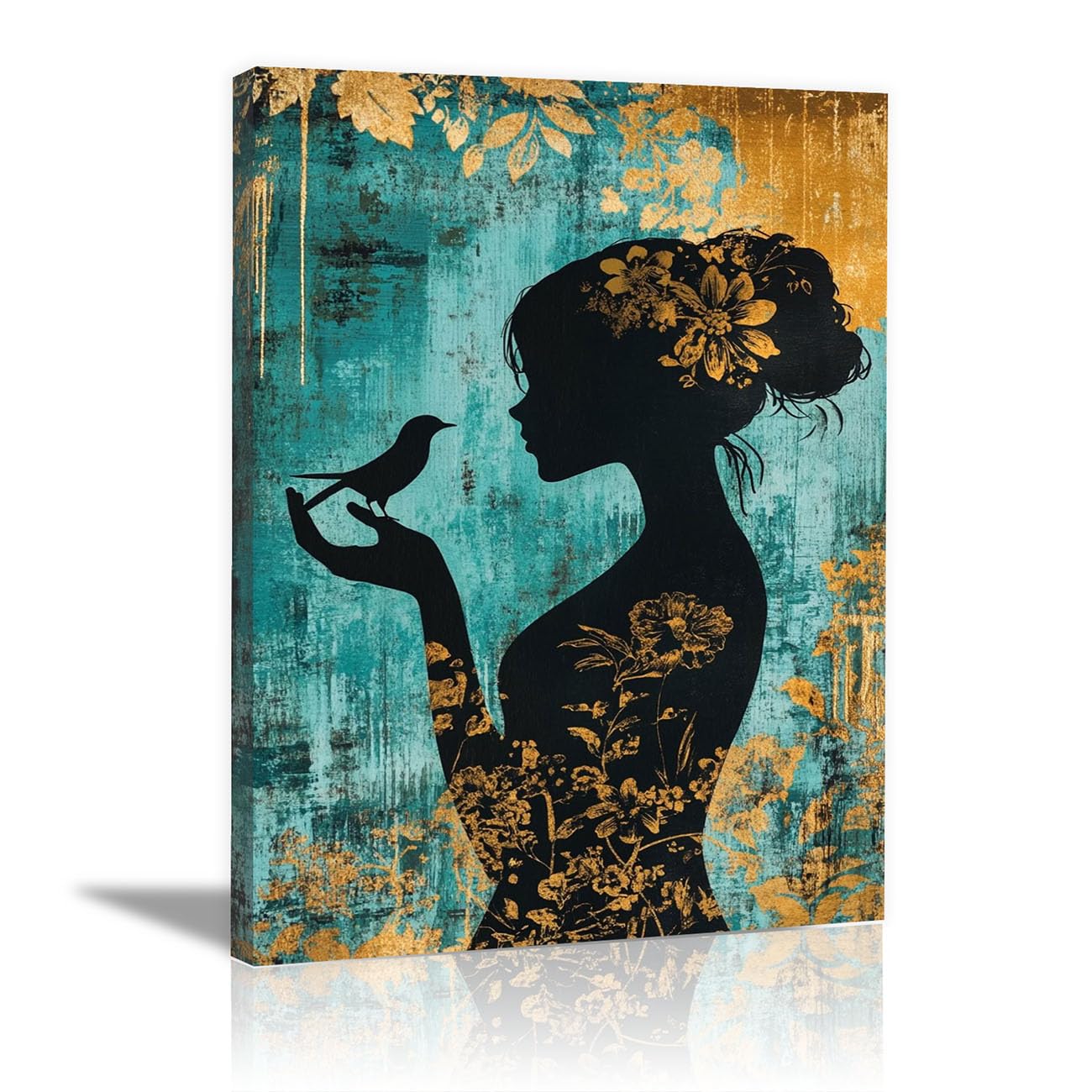 QUSAAOU Fashion Canvas Wall Lady Floral Silhouette Bird Background Living Room Bedroom African American Woman Wall Decor Art Wall For Home Afro Woman Poster And Prints(teal)-30x45cm1 Framed
