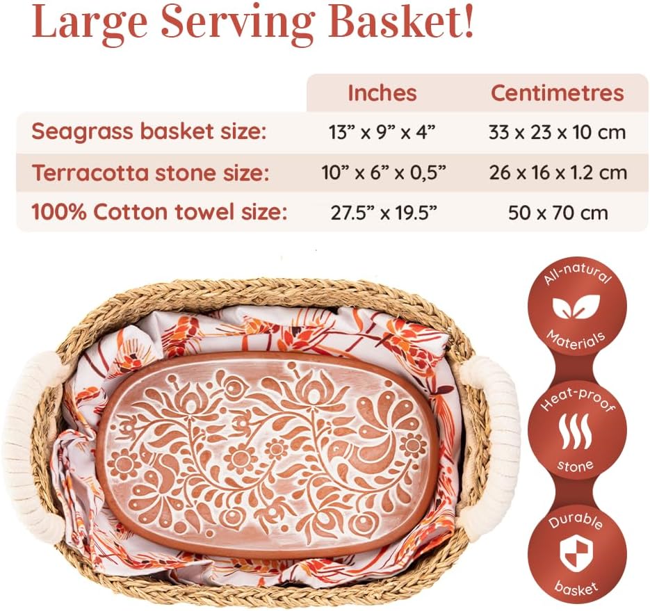 Vivi's Bread Warmer Basket with Stone | 100% Cotton Towel | Gift Packaging for Sourdough Bakers | Tortilla Warmer | Bread Baskets for Serving | Terracotta Bun Warmer | House warming - Hosting Gifts