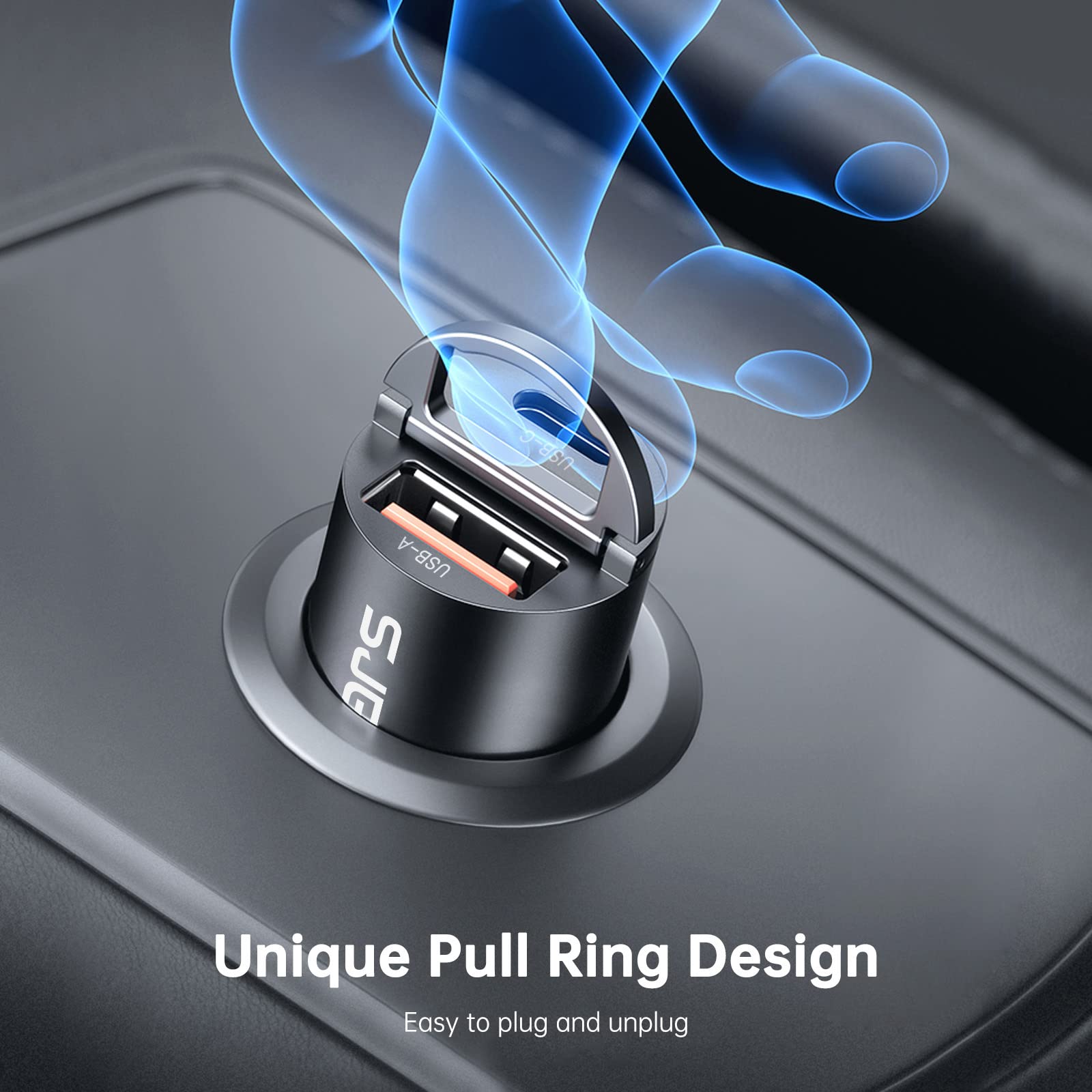 Omars Ładowarka samochodowa 63W [USB-C 33W + USB-A 30W] 5A Szybkie ładowanie z pierścieniem pociągowym, dla iPhone12 Pro MAX Mini Samsung S21 Huawei LG iPad Airpods