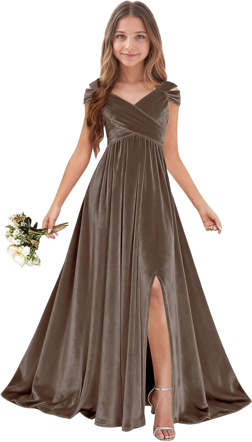 Velvet Junior Bridesmaid Dresses for Wedding - Off Shoulder Flower Girl Dress Teen Girls Formal Party Prom Gowns