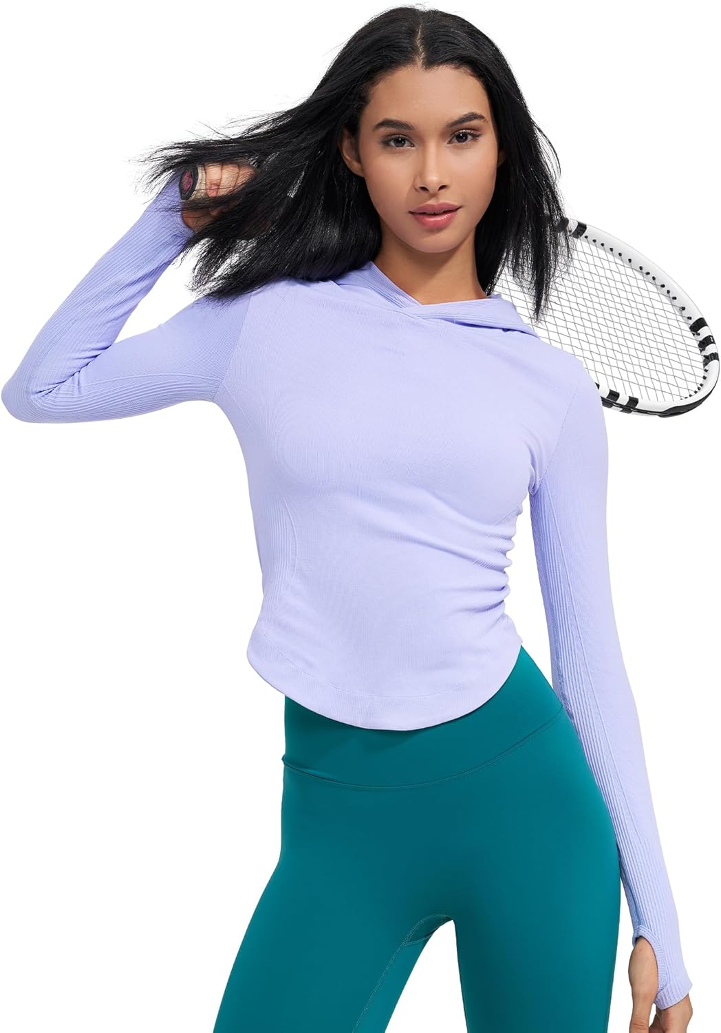 Womens Hooded Athletic Long Sleeve Running Shirts Workout Yoga Tops with Thumb Holes Slim Fit - Image 4