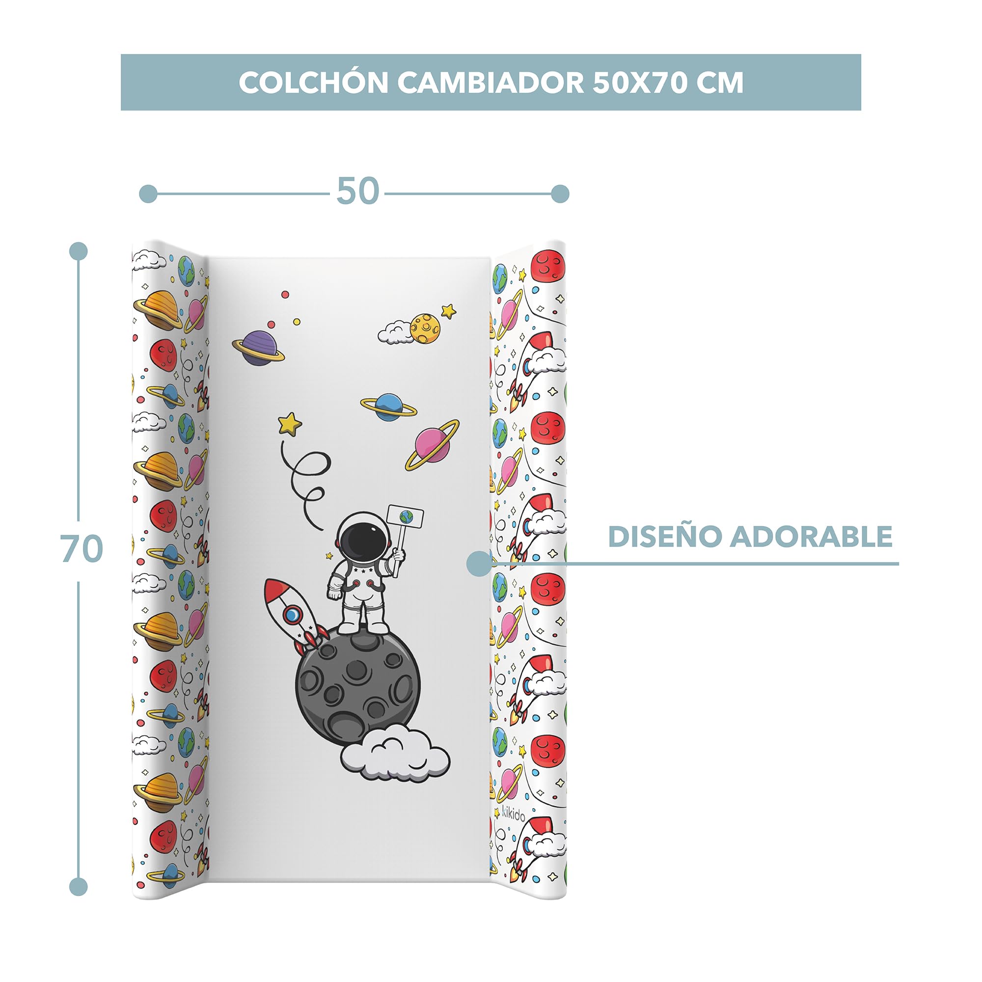 Kikido Cambiador Bebe 50x70 cm - Astronauta - Colchoneta Cambiador Bebé Impermeable con Bordes - Colchón Cambiadores para Cómodas, Mesas y Viajes - Medida Universal 70x50
