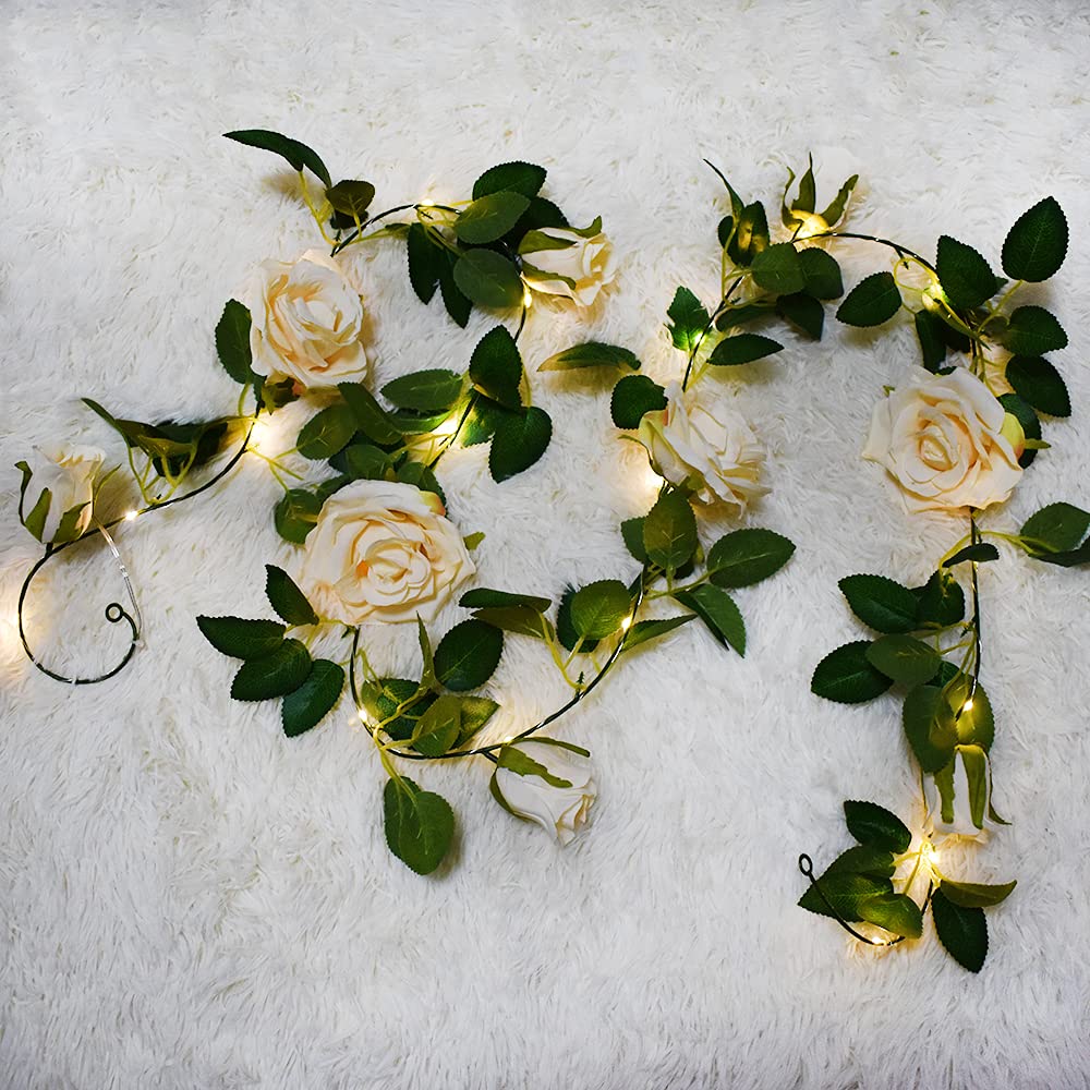 Buywin Girls Champagne Colorful Rose Fairy String Lights Artificial Flower Garland With Led Copper Light Strings, Rose Vine Lights Decor For Christmas Wedding Bouquets Party Home Window(Champagne)