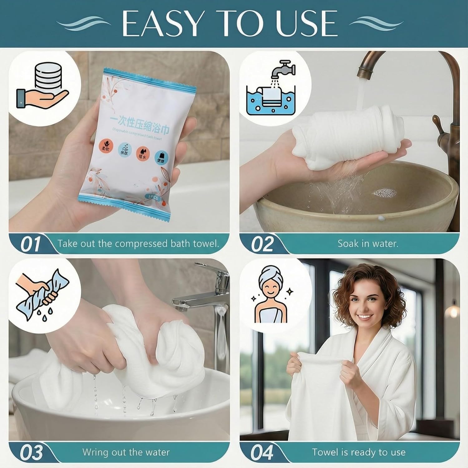 10-Pack Disposable Compressed Towels, Expandable with Water, Ultra Soft & Highly Absorbent Non-Woven Fabric, Individual Wrapped for Travel, Gym, Camping, and Hotel Stay