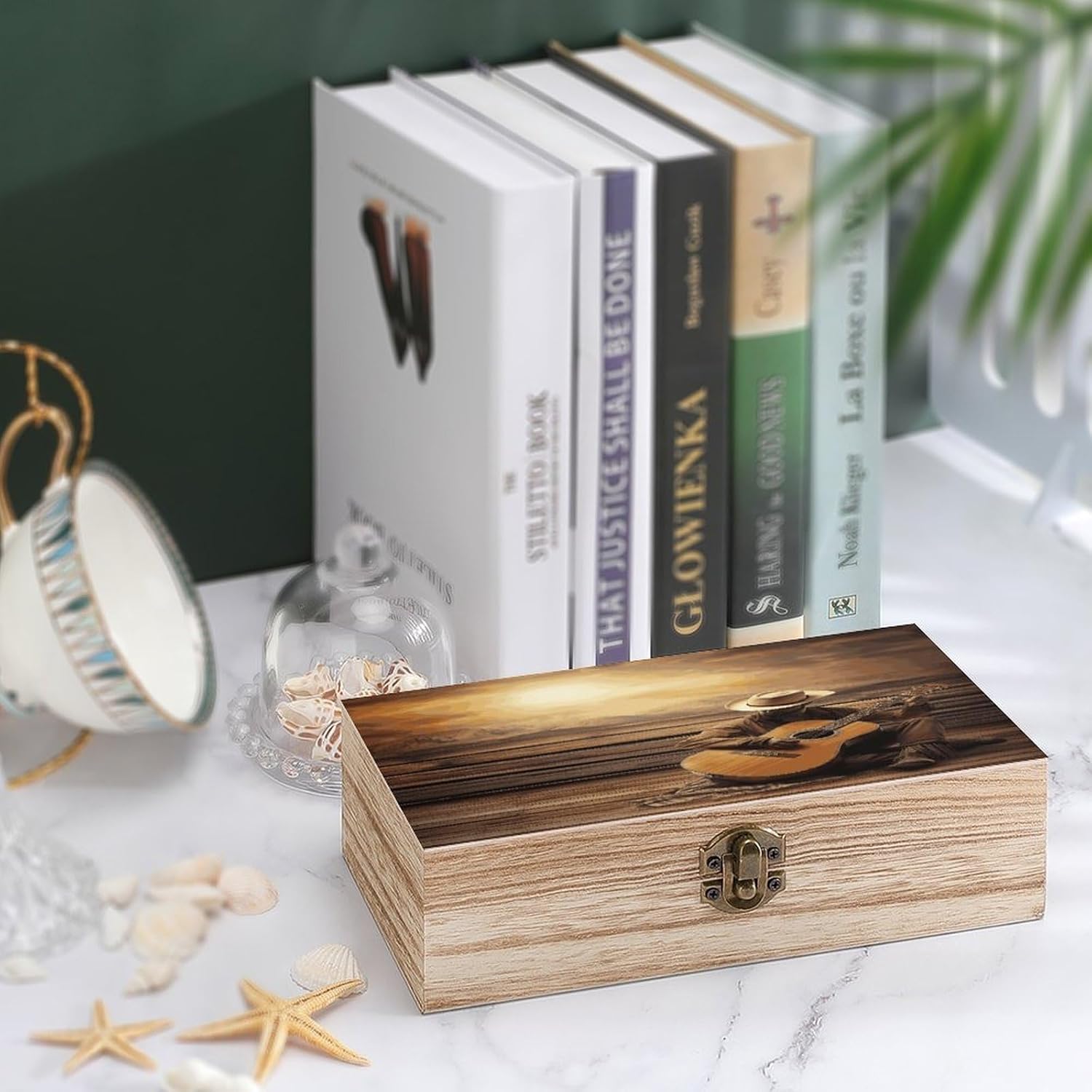 Western Music Decorative Wooden Storage Box with Hinged Latch Lid, Natural Wood Keepsake Organizer Box for Photos Trinkets Home Desktop Decor Gift image 4