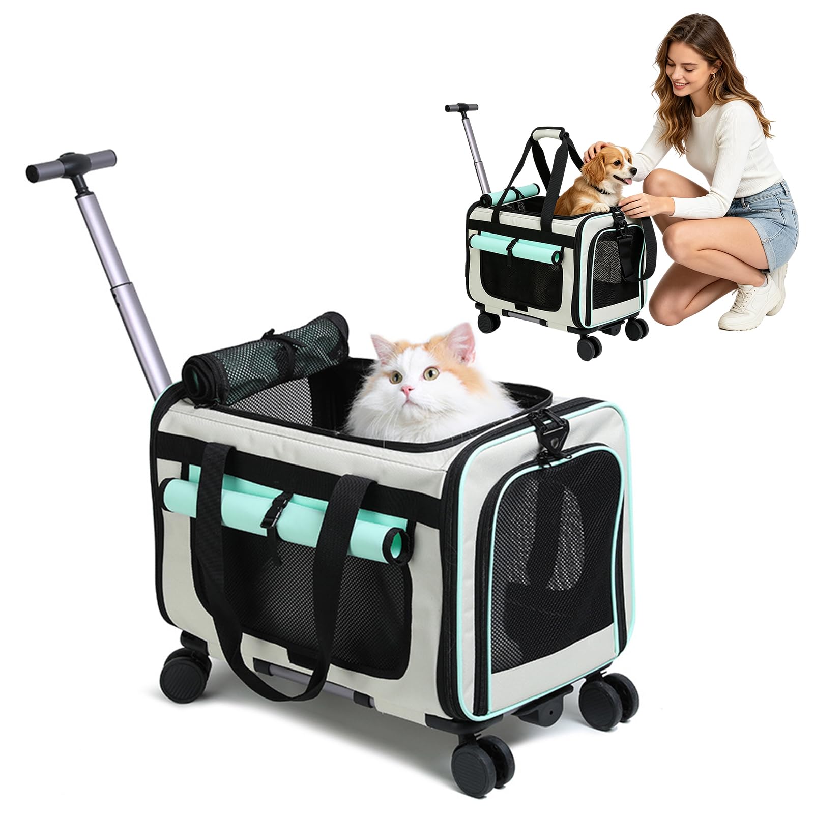 PETCUTE Cat Carrier on wheels, Soft-Sided Dog Carrier with Inner Safety Leash, Breathable Pet Carriers for Small-Medium Cats Puppies up to 5KG,Collapsible Travel Bag,Airline Approved,Light Green