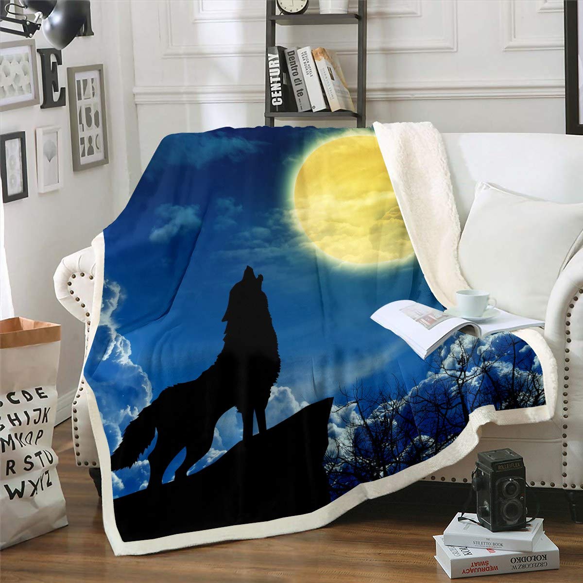 Loussiesd Wolf Cool Wildlife Style Wild Animal Pattern Fleece Sherpa Blanket for Chair Sofa Couch Howling Wolf Night Moon Print Room Decor King 87"*94" Reversible