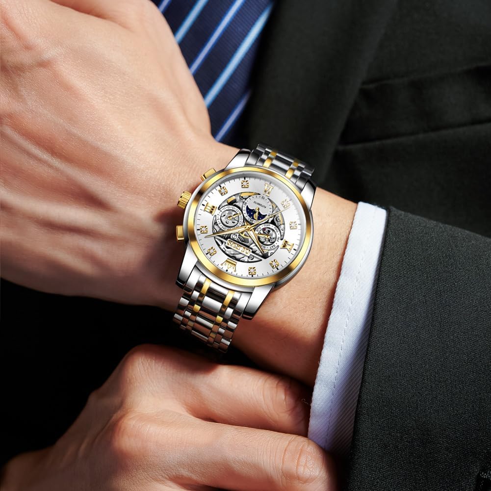 OLEVS Automatic Watches for Men Luxury Skeleton Mechanical Mens Watch Diamond Moon Phase Waterproof Date Self Winding Gentlemen Watch
