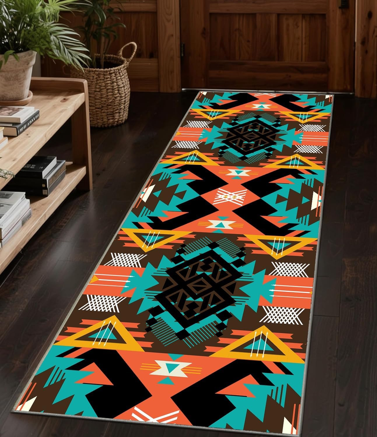 Aztec Runner Rugs 2x6, Southwestern Native American Tribal Runner for Hallway, Brown Black Wood Grain Geometric Carpet, Machine Woven - Low Pile Non-Slip Fade Resistant Aztec Home Decor