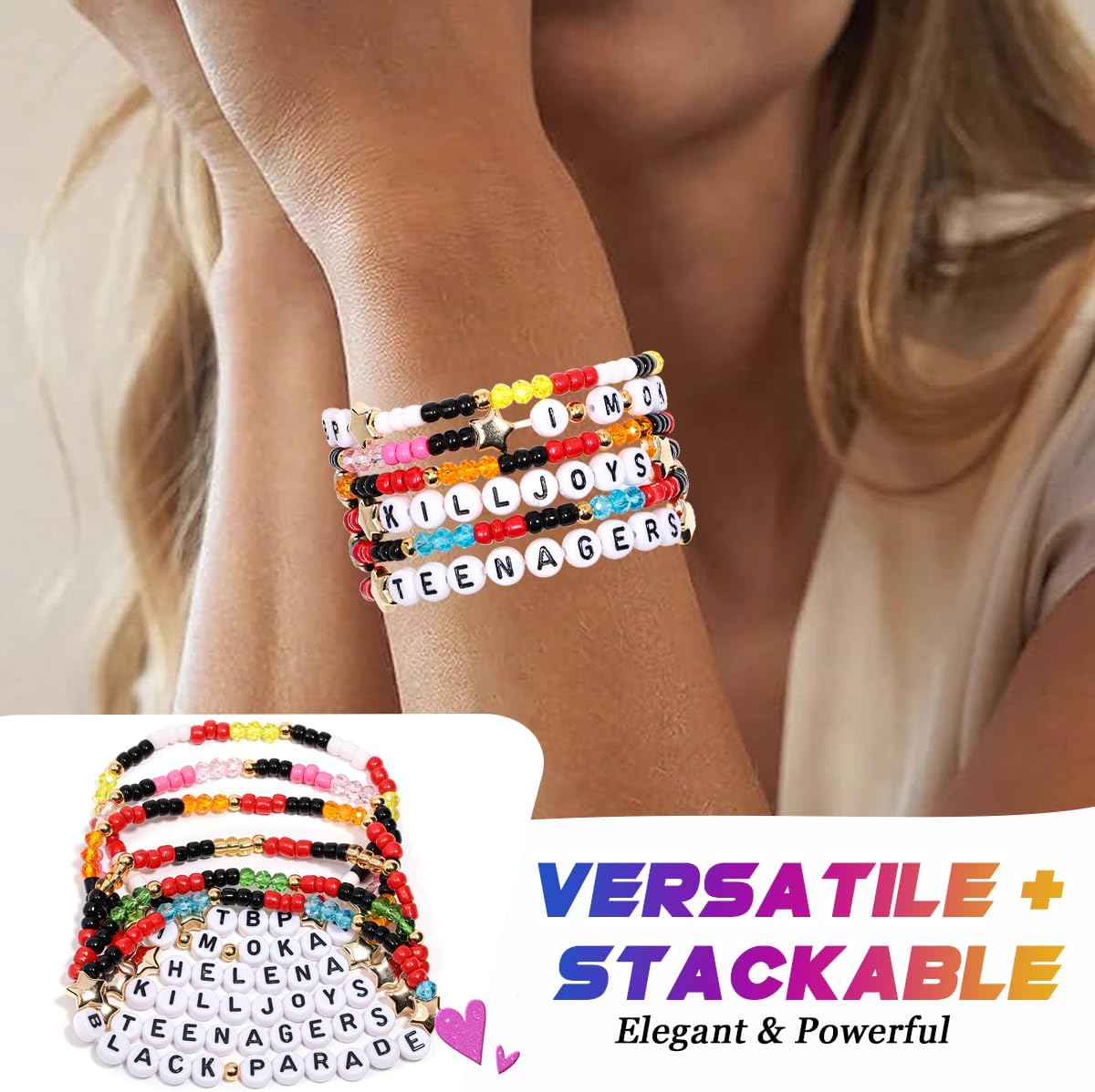 AICase for My Chemical Romance Merch Gifts Inspired Bracelets 6 Pcs Stackable Stretch Beaded Friendship Bracelets Concert Outfit Vinyl Poster Sticker Merchandise Gifts for Fans Women Birthday Christmas - Image 5